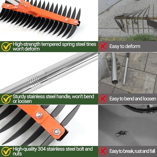62.5 Inch Thatch Rake for Lawns 18 Sharp Tempered Spring Steel Tines - Image 6