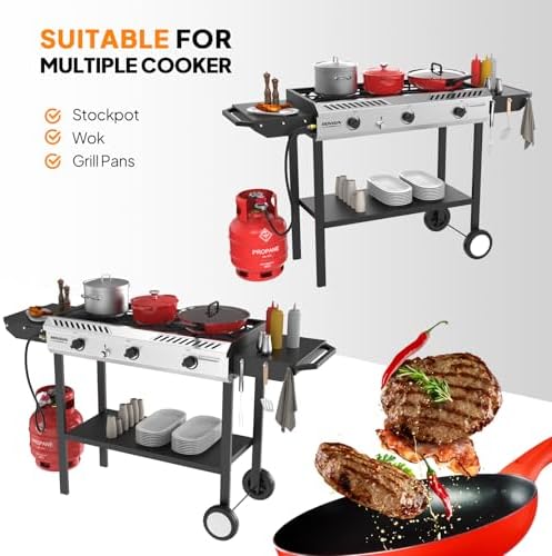 ROVSUN 3 Burner Outdoor Propane Gas Stove with Ignition, Regulator & Side Shelves, 225,000 BTU Rolling Gas Stove Outdoor Cooker for Backyard Patio Cooking Home Camping Brewing Canning Turkey Frying - Image 4