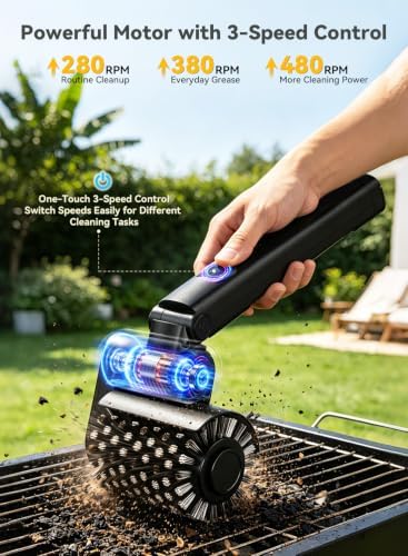 Electric Grill Brush, YFFVA Cordless BBQ Grill Brush & Cleaner for Outdoor Grill, 3-Speed 3 Brush Heads, Rechargeable, Reinforced Metal Bristles, 150 Min Runtime, Angle Adjust - Image 2