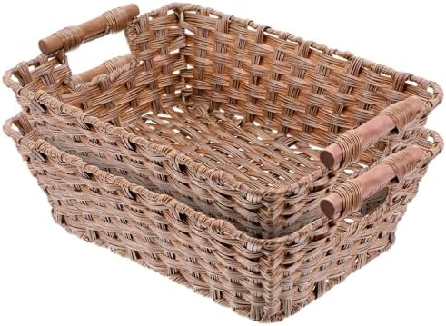 2 Pack Large Waterproof Wicker Storage Basket – 15"x10.6"x5.1" Brown Polypropylene Woven Baskets with Wood Handles & Metal Frame for Pantry, Bathroom, Bedroom, Patio by Unknown