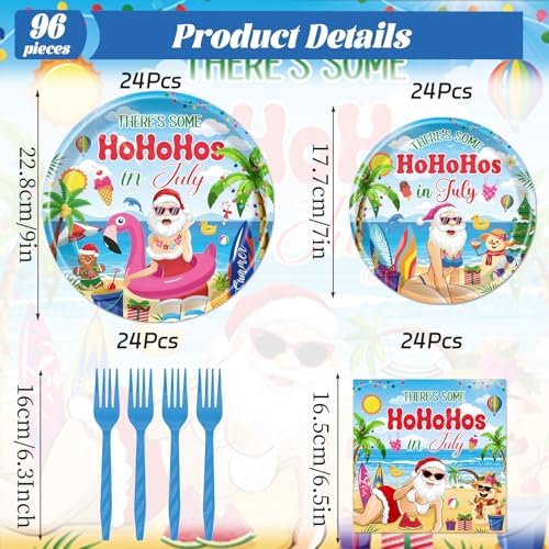 Gameza July Christmas Party Decorations Tableware, 96PCS There's Some Hohoho's in July Disposable Paper Plates and Napkins Decoration, Summer Xmas Beach Forks Decor Supplies Serves 24 - Image 2