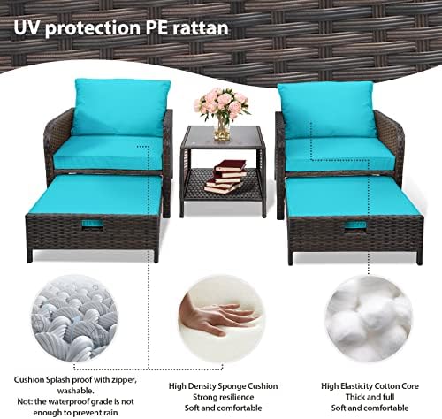 LEVELEVE Balcony Furniture 5 Piece Patio Conversation Set, PE Wicker Rattan Outdoor Lounge Chairs with Soft Cushions 2 Ottoman&Glass Table for Porch, Lawn-Brown Wicker - Image 6