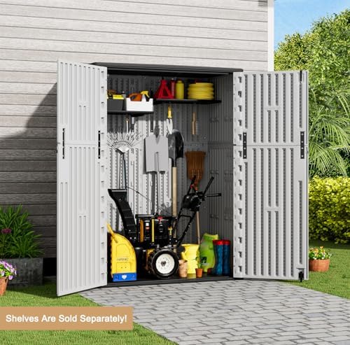 KINYING Outdoor Vertical Storage Shed,57 Cu.ft Outdoor Storage Cabinet Waterproof,Resin Sheds & Outdoor Storage Clearance for Garden,Patio,Backyard,Lockable (Grey) - Image 5