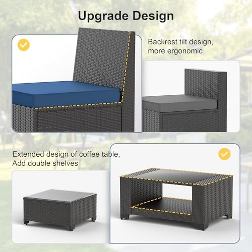 Patio Furniture Set, 7PCS Outdoor Sectional with Ottoman Wicker Rattan Patio Couch with Thickened Cushion Modular Wicker Patio Conversation Set with Glass Top Table for Balcony, Backyard (Dark Blue) - Image 3