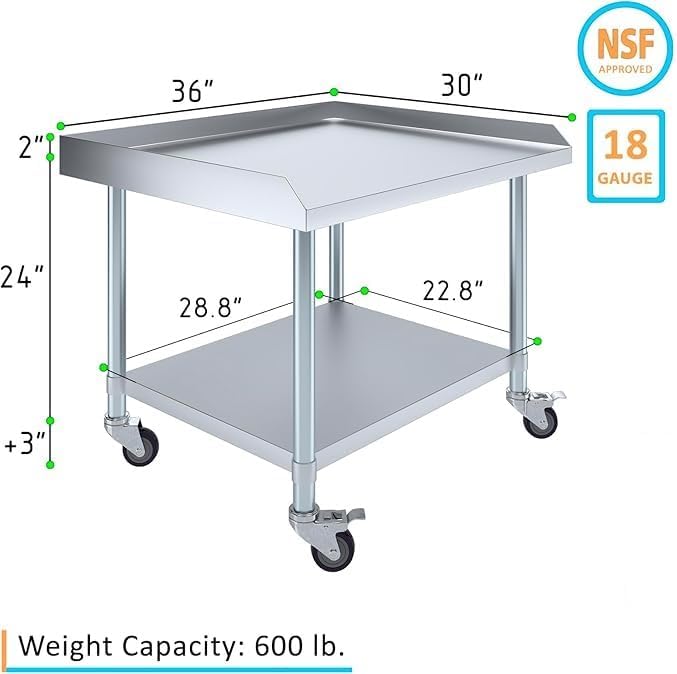 36" x 30" Stainless Steel Equipment Stand with Undershelf and Casters NSF - Image 3