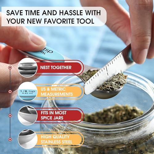 Spring Chef Stainless Steel Magnetic Measuring Spoons Set of 8, Aqua Sky - Image 6
