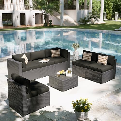 Aoxun Patio Furniture Set, 7 Piece Outdoor Sectional Sofas with Waterproof Cover, Wicker Rattan Outdoor Furniture Patio Conversation Set for Backyard, Garden Black - Image 5