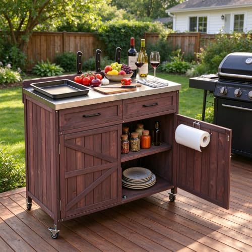 39.4" Outdoor Grill Cart with Stainless Top & Storage Cabinet by Unknown