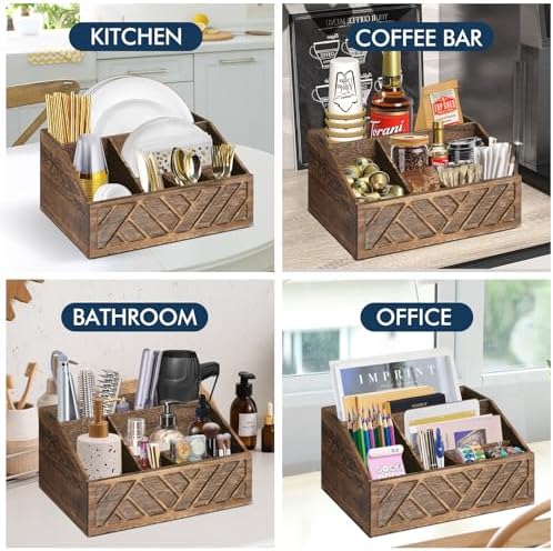 Ukonvi Paper Plate Dispenser, Paper Plate Holder for Kitchen Counter, Wood Rustic Silverware Utensil Caddy, Cutlery Flatware Organizer Box for Cups Spoons Forks Plates Napkins, Kitchen Accessories - Image 5