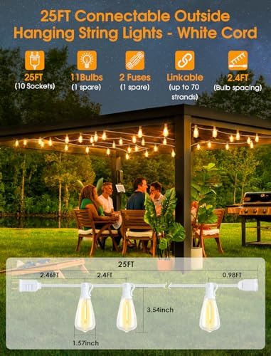 Larkvue 25FT Outdoor String Lights, Patio Lights with 10+1 2700K LED Dimmable Waterproof Outside Hanging ST38 Edison Bulbs for Backyard, White Cord - Image 2