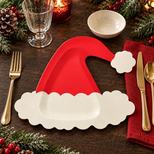 FOIMAS 50pcs Christmas Paper Plates, Red Christmas Hat Paper Plates Santa Disposable Tableware Party Plate For Dessert Xmas Party Supplies Winter Holiday Birthday Kitchen Table Decoration - Image 3