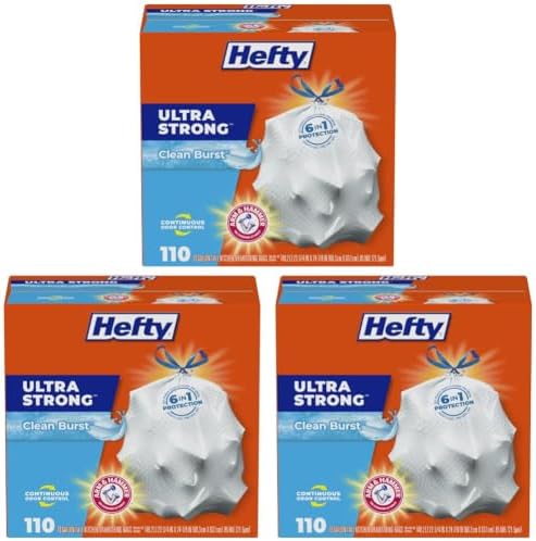 Hefty Ultra Strong 13 Gallon Trash Bags, Tall Kitchen Trash_Bags 13 Gallon Size, Drawstring Closure, Continuous Odor Control, White, Clean Burst Scent, Bags 110 Count (Pack of 3) by Hefty