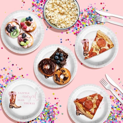 Birthday Galore Pink Bows Cowgirl on The Way Baby Shower - 32 Piece Disposable Party Supplies - Baby Shower Decorations - Round Party Plates - Large 9" Paper Plates In Bulk - Image 5