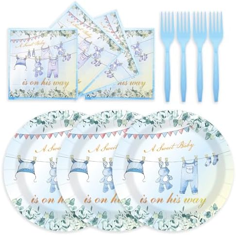 75PCS Greenery Baby Shower Plates and Napkins Decorations Party Favors, 7Inch A Sweet Baby Is on His Way Baby Boy Shower Paper Plates Disposable Dessert Tableware Party Supplies by Unknown