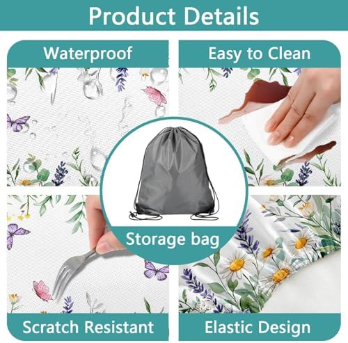 Floral Picnic Table Cover with Bench Covers, Camping Essentials, Leaves Flower Butterfly Waterproof Windproof, Fitted Tablecloth Cover with Elastic Edge, for Indoor, Outdoor, 3 PCS, 30x72 Inch - Image 3