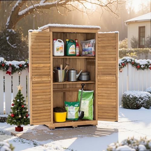MCombo Outdoor Storage Cabinet, Wood Shed with Shelves 0870 (Natural) - Image 2