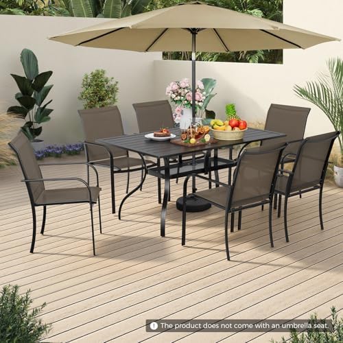 Incbruce 8 Pieces Patio Dining Set with Brown Umbrella, Outdoor Dining Set of 6 Textilene Chairs and Rectangle Table with Umbrella Hole for Backyard, Garden, and Poolside (Brown) - Image 2