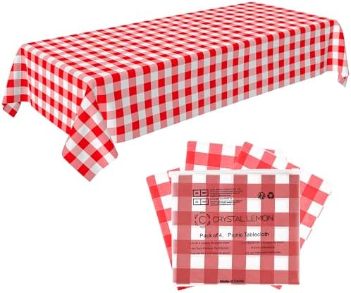Red Gingham Disposable Picnic Tablecloths 4 Pack, Plastic Table Covers by CrystalLemon