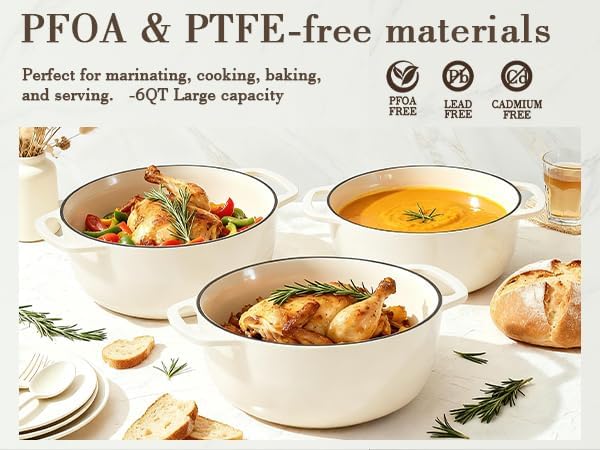 Umite Chef 6QT Enameled Cast Iron Dutch Oven with Lid, Versatile Heavy-Duty Cookware Pot for Baking Bread, Braising, Soups & Stews, Oven & Stovetop Safe with Heat Resistant Gloves（Cream White） - Image 5