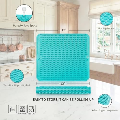 MicoYang Silicone Dish Drying Mat for Multiple Usage,Easy clean,Eco-friendly,Heat-resistant Silicone Mat for Kitchen Counter or Sink,Refrigerator or Drawer liner Mint M 12 inches x 12 inches - Image 2