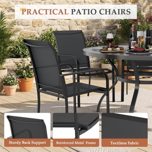 Incbruce 7 PCS Patio Dining Set, Outdoor Dining Set of 6 Textilene Chairs and 53" Round Table with Umbrella Hole for Backyard, Garden, and Poolside (Black) - Image 6