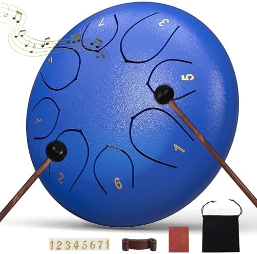 Rain Drum for Outside Garden, 6 Inches 8 Notes Steel Tongue Chakra Drums, Waterproof Meditation Echo Rain Chime, Musical Instruments for Adult Gift with Bag, Music Book (Dark Blue) by INNOWARMER