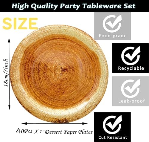 40Pcs Wood Grain Party Supplies,Rustic Wood Slice Paper Plates 7"Wood Grain Paper Plates Wood Slice Dessert Plates Cut Timber Theme Camp Fire Camping Woodland Animal Lumberjack Birthday Party Decor - Image 3