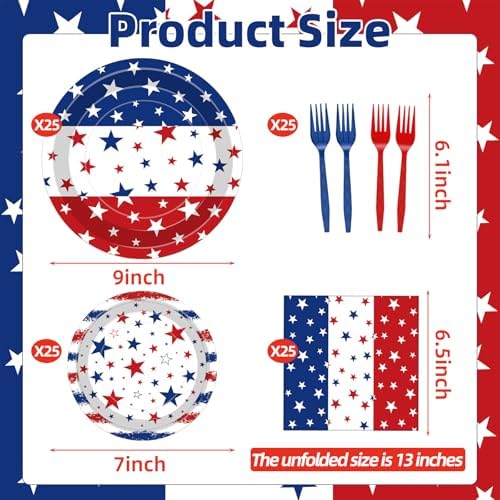 100 Pcs Patriotic Red White Blue Stars Plates Napkins Tableware Decorations - Image 2