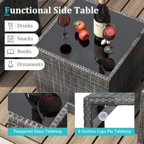 KOTEK 3 Piece Patio Furniture Set, Outdoor PE Rattan Conversation Set with Washable Cushions & Tempered Glass Tabletop, Wicker Chairs and Table Set for Porch, Garden, Balcony (Turquoise) - Image 5