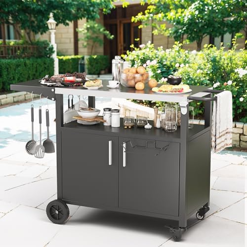 JY QAQA Outdoor Grill Cart with Storage,Patio Kitchen Island Outdoor Grill Table with Wheels,BBQ Cart Movable Pizza Oven Table Stand, Storage Cabinet, Foldable Tabletop, (Black) - Image 7