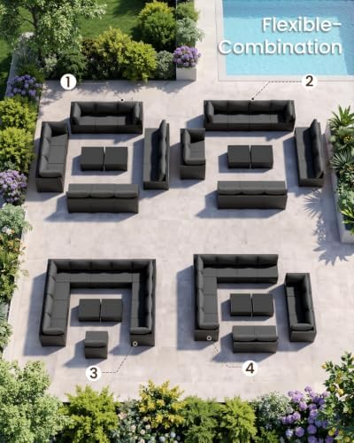 Patio Furniture Set - All-Weather - 14 Piece Patio Outdoor Conversation Set, Modular Wicker Rattan Sectional Sofa for Backyard, Garden, Poolside, Balcony, Porch, Patio, Black/Dark Gary - Image 7