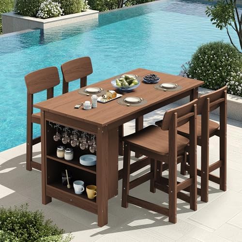 SERWALL 8-Piece Outdoor HDPE Counter-Height Bar Dining Set for 6, Brown - Image 2