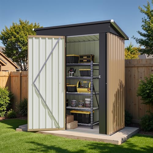 Flamaker 5x3 FT Storage Shed Waterproof Metal Garden Shed with Lockable Door Utility Tool Shed Outdoor Storage for Backyard, Patio and Lawn, Brown - Image 7