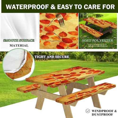CAPSCEOLL Picnic Table Cover with Bench Covers 5ft - Burnt Orange Leaves - Image 4