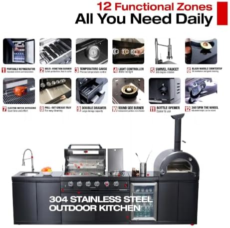 125'' LPG Outdoor Kitchen Island with Grill & Pizza Oven, 4 Burners, Black - Image 7