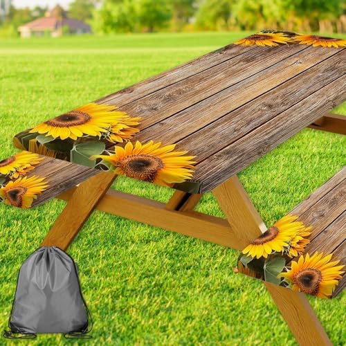 Sunflower Picnic Table Cover with Bench Covers, Waterproof Windproof, Camping Essentials, Fitted Tablecloth Cover with Elastic Edge, for Indoor & Outdoor, Garden, Camping, 3 Pieces Set, 30x72 Inch by Xguatan