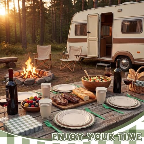 Havawish 144 Pcs Moss Green Camping Supplies Plates Napkins Forks Cups - Image 4