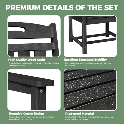 HDPE Outdoor Patio Dining Set with Table & 4 Chairs, All-Weather 5-Piece Outdoor Table and Chairs, 2" Umbrella Hole, Patio Furniture for Garden, Backyard, Deck | Matte Black - Image 6