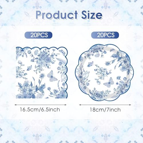 50 Pcs Blue Floral Plates and Napkins, Blue Floral Party Supplies - Image 2