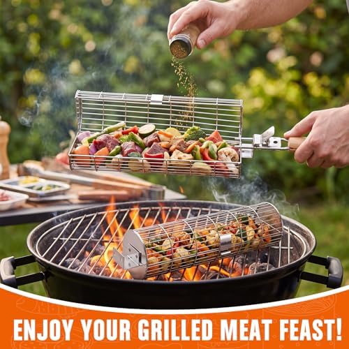Havawish 3 Pcs BBQ Basket Grill Set 430 Stainless Steel Rectangular Grill Basket with Removable Wooden Handle 2 Rolling Cylinder Baskets for Vegetables Fish Meat Outdoor Grilling Gift for Dad Husband - Image 6