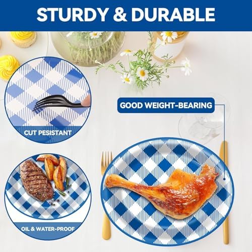 Qyeahkj 50 PCS Blue and White Checkered Oval Paper Plates Large 11” Disposable Picnic Dinner Party Decorations BBQ Supplies Favor for Holiday Baby Shower Birthday Party Tableware Set - Image 4