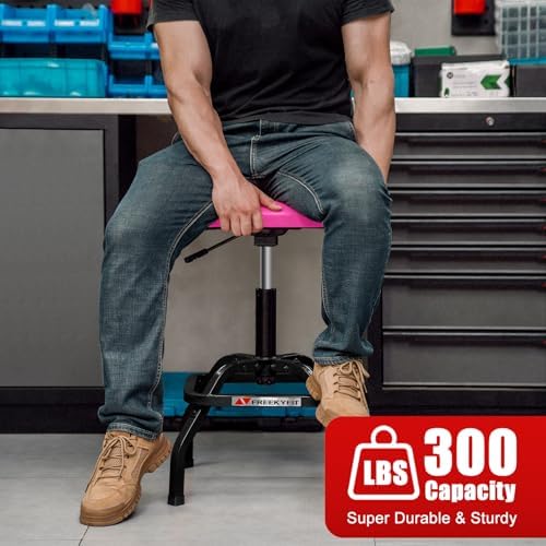 Shop Stool with Backrest, Mechanic Garage Stool for Workshop, Adjustable Shop Stools Chair, Padded Workbench Stools for Men Women, 300 LBS Capacity, 360° Swivel PVC Seat, Heavy Duty, Pink - Image 3