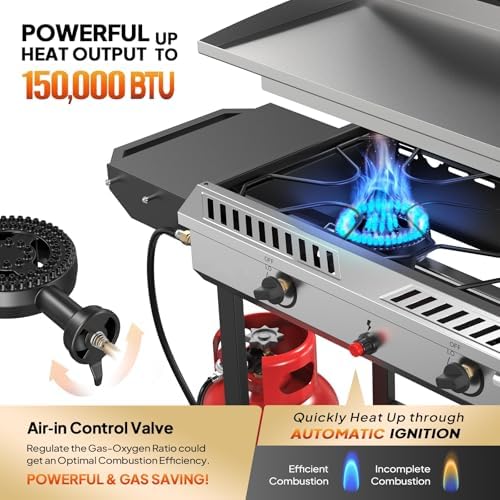 Bonnlo 2-in-1 Propane Stove and Griddle, Iginition Outdoor Gas Cooker with Storage Shelf and Portable Wheels, 2 Burner Camping Stove with 150000BTU Output for Backyard Cooking BBQ Frying and Boiling - Image 4