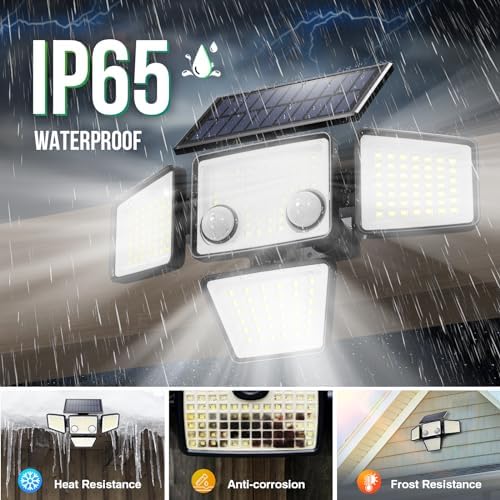 LYWALT Solar Outdoor Lights - 3000LM 188 LED Motion Sensor Outdoor Lights, 4 Heads Security Light,IP65 Waterproof, Easy Install,270°Wide Angle Flood Wall Light with 3 Modes for Backyard Yard - Image 6