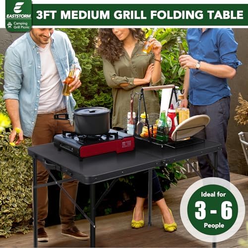 E EASTSTORM 35 inch Folding Table for 4 Person, Heavy-Duty Metal Tabletop, 2 Adjustable Height Camping Table, Portable Outdoor Table with Carrying Handle,for Patio, Picnic, Parties, BBQs, Black - Image 4