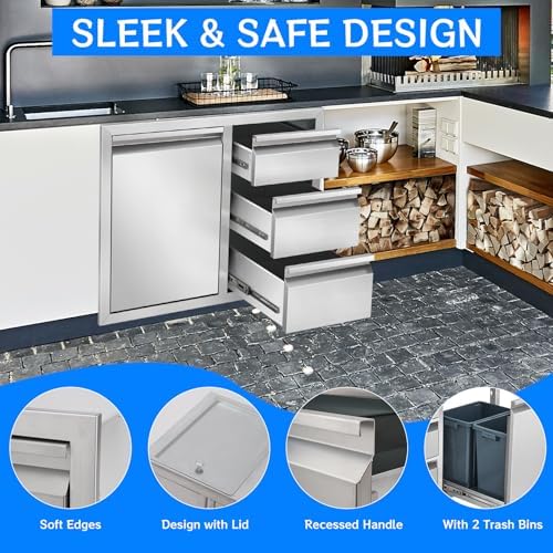 Outdoor Kitchen Drawer Combo, Stainless Steel Triple Drawer Cabinet with Built-in Trash Drawer & Two Trash Cans, 28" W x 22" H x 19.5" D Outdoor Kitchen Storage for BBQ Grill Islands - Image 5