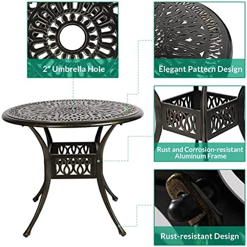 VIVIJASON 5-Piece Patio Furniture Dining Set, All-Weather Cast Aluminum Outdoor Conversation Set, Include 4 Cushioned Chairs and a 35.4" Round Table w/Umbrella Hole for Balcony, Lawn, Garden, Backyard - Image 3