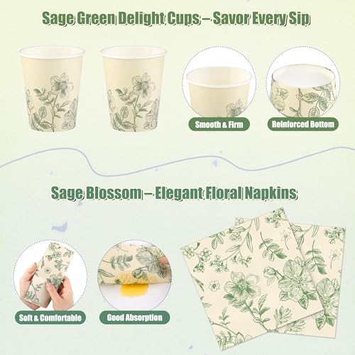 Kochorie 96 Pieces Sage Green Floral Party Supplies Elegant Floral Disposable Tableware Set Includes 9 Inch and 7 Inch Paper Plates, Cups, Napkins Serves 24 Guests for Birthday Baby Shower Wedding - Image 4
