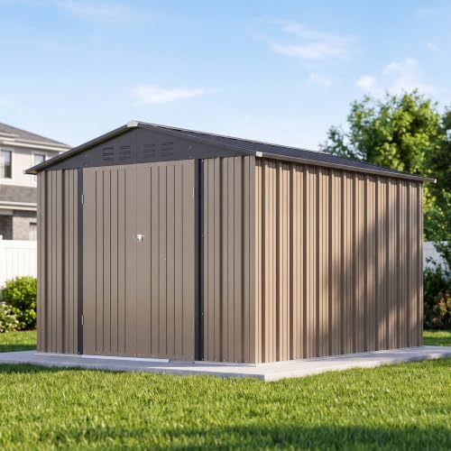 Devoko 8x10 FT Outdoor Storage Shed, Metal Tool Shed with Lockable Door&Slooping Roof, Outside Storage for Garden Backyard Patio(Brown) by DEVOKO
