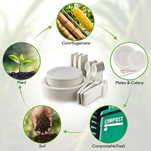 250 Piece Biodegradable Paper Plates Set (EXTRA LONG UTENSILS), Disposable Dinnerware Set, Eco Friendly Compostable Plates & Utensil include Plates, Forks, Knives and Spoons for Party - Image 7